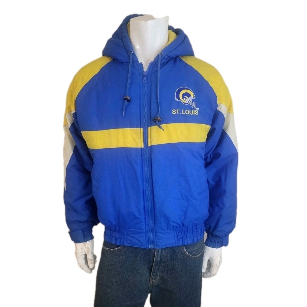 Vintage 1990s St Louis Rams NFL Gameday Hooded Blue and Yellow Men's Windbreaker